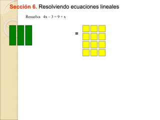 Sección 6. Resolviendo ecuaciones lineales
=
Resuelva 4x – 3 = 9 + x
 