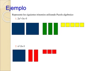 Ejemplo
Represente los siguientes trinomios utilizando Puzzle algebraico
1. 2x2+3x+5
2. x2-2x-3
 