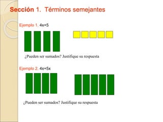 Sección 1. Términos semejantes
Ejemplo 1. 4x+5
¿Pueden ser sumados? Justifique su respuesta
Ejemplo 2. 4x+5x
¿Pueden ser sumados? Justifique su respuesta
 