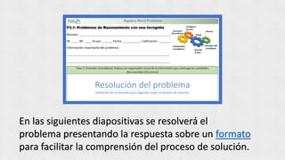 En las siguientes diapositivas se resolverá el
problema presentando la respuesta sobre un formato
para facilitar la comprensión del proceso de solución.
 