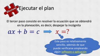 Ejecutar el plan
El tercer paso consiste en resolver la ecuación que se obtendrá
en la planeación, es decir, despejar la incógnita
𝑎𝑥 + 𝑏 = 𝑐 𝑥 =?
Este paso es relativamente
sencillo, además de que
puede verificarse empleando
algún software o aplicación
 
