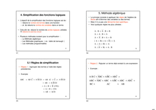57
4. Simplification des fonctions logiques
• L’objectif de la simplification des fonctions logiques est de :
– réduire le nombre de termes dans une fonction
– et de réduire le nombre de variables dans un terme
• Cela afin de réduire le nombre de portes logiques utilisées
 réduire le coût du circuit
• Plusieurs méthodes existent pour la simplification :
– La Méthode algébrique
– Les Méthodes graphiques : ( ex : table de karnaugh )
– Les méthodes programmables
58
5. Méthode algébrique
• Le principe consiste à appliquer les règles de l’algèbre de
Boole afin d’éliminer des variables ou des termes.
• Mais il n’y a pas une démarche bien spécifique.
• Voici quelques règles les plus utilisées :
B
.
A
B)
A
(
.
A
A
B)
A
(
.
A
A
)
B
A
(
B)
A
(
B
A
B
.
A
A
A
B
.
A
A
B
B
.
A
B
.
A
=
+
=
+
=
+
+
+
=
+
=
+
=
+
59
5.1 Règles de simplification
• Règles 1 : regrouper des termes à l’aide des règles
précédentes
• Exemple
ACD
AB
CD)
B
(
A
(CD))
B
B
(
A
CD
B
A
AB
CD
B
A
)
C
(C
AB
CD
B
A
C
AB
ABC
+
=
+
=
+
=
+
=
+
+
=
+
+
60
• Règles 2 : Rajouter un terme déjà existant à une expression
• Exemple :
AB
AC
BC
C
AB
ABC
C
B
A
ABC
BC
A
ABC
C
AB
C
B
A
BC
A
C
B
A
+
+
=
+
+
+
+
+
=
+
+
+
57 58
59 60
 