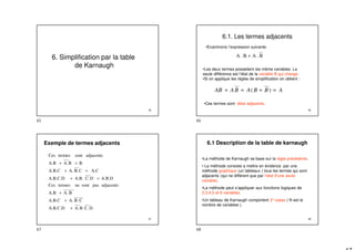 65
6. Simplification par la table
de Karnaugh
66
6.1. Les termes adjacents
B
.
A
B
.
A +
•Les deux termes possèdent les même variables. La
seule différence est l’état de la variable B qui change.
•Si on applique les règles de simplification on obtient :
•Ces termes sont dites adjacents.
A
B
B
A
B
A
AB =
+
=
+ )
(
•Examinons l’expression suivante :
67
Exemple de termes adjacents
D
C.
B.
A.
A.B.C.D
C
B.
A.
A.B.C
B
A.
A.B
adjacents
pas
sont
ne
termes
Ces
A.B.D
D
C.
A.B.
A.B.C.D
A.C
C
B.
A.
A.B.C
B
B
A.
A.B
adjacents
sont
termes
Ces
+
+
+
=
+
=
+
=
+
68
•La méthode de Karnaugh se base sur la règle précédente.
• La méthode consiste a mettre en évidence par une
méthode graphique (un tableaux ) tous les termes qui sont
adjacents (qui ne différent que par l’état d’une seule
variable).
•La méthode peut s’appliquer aux fonctions logiques de
2,3,4,5 et 6 variables.
•Un tableau de Karnaugh comportent 2n cases ( N est le
nombre de variables ).
6.1 Description de la table de karnaugh
65 66
67 68
 