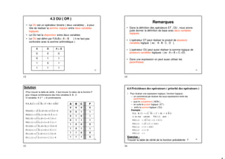 13
4.3 OU ( OR )
• Le OU est un opérateur binaire ( deux variables) , à pour
rôle de réaliser la somme logique entre deux variables
logiques.
• Le OU fait la disjonction entre deux variables.
• Le OU est défini par F(A,B)= A + B ( il ne faut pas
confondre avec la somme arithmétique )
A B A + B
0 0 0
0 1 1
1 0 1
1 1 1
14
Remarques
• Dans la définition des opérateurs ET , OU , nous avons
juste donner la définition de base avec deux variables
logiques.
• L’opérateur ET peut réaliser le produit de plusieurs
variables logique ( ex : A . B . C . D ).
• L’opérateur OU peut aussi réaliser la somme logique de
plusieurs variables logiques ( ex : A + B + C +D).
• Dans une expression on peut aussi utiliser les
parenthèses.
15
Solution
0
.1
1
.
1
1)
.(1
)
1
1.
(
F(1,1,1)
0
.0
1
.
1
1)
.(0
)
1
1.
(
F(1,1,0)
1
.1
0
.
1
0)
.(1
)
0
1.
(
F(1,0,1)
0
.0
0
.
1
0)
.(0
)
0
1.
(
F(1,0,0)
1
.1
1
.
0
1)
.(1
)
1
0.
(
F(0,1,1)
1
.0
1
.
0
1)
.(0
)
1
0.
(
F(0,1,0)
1
.1
0
.
0
0)
.(1
)
0
0.
(
F(0,0,1)
0
.0
0
.
0
0)
.(0
)
0
0.
(
F(0,0,0)
.C
.B
A
B)
C
(
.
)
B
.
A
(
C)
B,
F(A,
=
+
+
=
=
+
+
=
=
+
+
=
=
+
+
=
=
+
+
=
=
+
+
=
=
+
+
=
=
+
+
=
+
+
= A B C F
0 0 0 0
0 0 1 1
0 1 0 1
0 1 1 1
1 0 0 0
1 0 1 1
1 1 0 0
1 1 1 0
•Pour trouver la table de vérité , il faut trouver la valeur de la fonction F
pour chaque combinaisons des trois variables A, B , C
•3 variables  2 3 = 8 combinaisons
16
4.4 Précédence des opérateurs ( priorité des opérateurs )
• Pour évaluer une expression logique ( fonction logique) :
– on commence par évaluer les sous expressions entre les
parenthèses.
– puis le complément ( NON ) ,
– en suite le produit logique ( ET )
– enfin la somme logique ( OU)
Exemple :
1
F(0,1,1)
0
1
F(0,1,1)
0.0.1
1.1
F(0,1,1)
0.0.1
)
(1
)
0
(
F(0,1,1)
.1
1
0.
1)
)(1
0.1
(
F(0,1,1)
:
alors
F(0,1,1)
calculer
on veut
si
.C
.B
A
B)
C
(
.
)
B
.
A
(
C)
B,
F(A,
=
+
=
+
=
+
=
+
+
=
+
+
=
Exercice :
Trouver la table de vérité de la fonction précédente ?
13 14
15 16
 