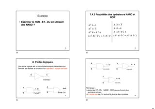29
Exercice
• Exprimer le NON , ET , OU en utilisant
des NAND ?
30
7.4.3 Propriétés des opérateurs NAND et
NOR
)
(
)
(
0
1
0
C
B
A
C
B
A
A
B
B
A
A
A
A
↓
↓
≠
↓
↓
↓
=
↓
=
↓
=
↓
)
(
)
(
1
1
0
C
B
A
C
B
A
A
B
B
A
A
A
A
↑
↑
≠
↑
↑
↑
=
↑
=
↑
=
↑
31
8. Portes logiques
A
A
Une porte logique est un circuit électronique élémentaire qui
Permet de réaliser la fonction d’un opérateur logique de base .
32
Remarque :
•Les portes ET , OU , NAND , NOR peuvent avoir plus
que deux entrées
•Il n’existe pas de OU exclusif à plus de deux entrées
B
A ↓
B
A ↑
B
A⊕
29 30
31 32
 