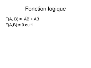 Fonction logique
F(A, B) = AB + AB
F(A,B) = 0 ou 1
 