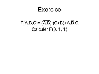 Exercice
F(A,B,C)= (A.B).(C+B)+A.B.C
Calculer F(0, 1, 1)
 