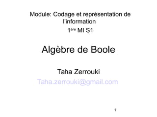 1
Algèbre de Boole
Taha Zerrouki
Taha.zerrouki@gmail.com
Module: Codage et représentation de
l'information
1ère
MI S1
 