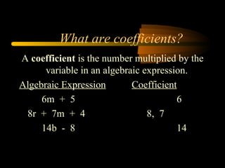 What are coefficients?
A coefficient is the number multiplied by the
      variable in an algebraic expression.
Algebraic Expression        Coefficient
     6m + 5                            6
 8r + 7m + 4                    8, 7
     14b - 8                           14
 
