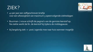 • 4x per jaar een zelfgeschreven briefje
voor een afwezigheid van maximum 3 opeenvolgende ziektedagen
• Buurman- / vrouw schrijft de pagina’s van de gemiste leerstof op.
Na ziekte werkt de lln. de leerstof bij tijdens de middagpauze.
• bij langdurig ziek –> post / agenda mee naar huis wanneer mogelijk
 
