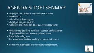 • dagelijks aanvullingen, aanzetten tot plannen
• werkagenda
• taken blauw, lessen groen
• dagelijks nakijken door lln.
• wekelijks ondertekenen door ouder (vrijdagavond)
• toetsenmap dagelijks nakijken + toetsen ondertekenen
 gekleurd blad in toetsenmap laten zitten
• komt iedere dag mee
• lln. verbeteren toetsen spelling en frans met groen.
• communicatiemiddel tussen ouders en leerkracht.
 