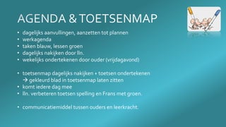 • dagelijks aanvullingen, aanzetten tot plannen
• werkagenda
• taken blauw, lessen groen
• dagelijks nakijken door lln.
• wekelijks ondertekenen door ouder (vrijdagavond)
• toetsenmap dagelijks nakijken + toetsen ondertekenen
 gekleurd blad in toetsenmap laten zitten
• komt iedere dag mee
• lln. verbeteren toetsen spelling en Frans met groen.
• communicatiemiddel tussen ouders en leerkracht.
 