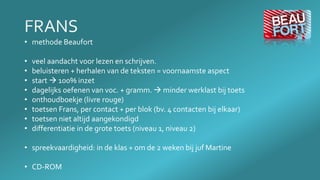 • methode Beaufort
• veel aandacht voor lezen en schrijven.
• beluisteren + herhalen van de teksten = voornaamste aspect
• start  100% inzet
• dagelijks oefenen van voc. + gramm.  minder werklast bij toets
• onthoudboekje (livre rouge)
• toetsen Frans, per contact + per blok (bv. 4 contacten bij elkaar)
• toetsen niet altijd aangekondigd
• differentiatie in de grote toets (niveau 1, niveau 2)
• spreekvaardigheid: in de klas + om de 2 weken bij juf Martine
• CD-ROM
 