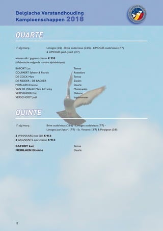 Belgische Verstandhouding
Kampioenschappen 2018
12
QUARTE
1° afg./marq.: 	 Limoges (2/6) - Brive oude/vieux (23/6) - LIMOGES oude/vieux (7/7)
		  LIMOGES jaarl./yearl. (7/7)
winnen elk / gagnent chacun € 253
(alfabetische volgorde - ordre alphabétique)
BAFORT Luc	 Temse
COLPAERT Sylveer  Patrick	 Roeselare
DE COCK Marc	 Temse
DE RIDDER - DE BACKER	 Zwalm
MEIRLAEN Etienne	 Deurle
VAN DE WALLE Marc  Franky	 Munkzwalm
VERMANDER Eric	 Oekene
VERSCHOOT Joël	 Ingelmunster
QUINTE
1° afg./marq.: 	 Brive oude/vieux (23/6) - Limoges oude/vieux (7/7) - 					
Limoges jaarl./yearl. (7/7) - St. Vincent (13/7)  Perpignan (3/8)
2 WINNAARS met ELK € 913:
2 GAGNANTS avec chacun € 913:
BAFORT Luc	Temse
MEIRLAEN Etienne	Deurle
 