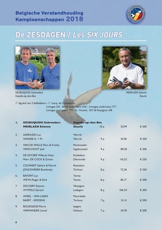 Belgische Verstandhouding
Kampioenschappen 2018
8
De ZESDAGEN / Les SIX JOURS
DESBUQUOIS Gebroeders	 MEIRLAEN Etienne
Kapelle-op-den-Bos	Deurle
1° afg.duif van 2 liefhebbers - 1° marq. de 2 amateurs: 	
Limoges 2/6 - Brive oude/vieux 23/6 - Limoges oude/vieux 7/7 -
Limoges jaarl./yearl. 7/7 - St. Vincent. 13/7  Perpignan 3/8.
1.	 DESBUQUOIS Gebroeders	 Kapelle-op-den-Bos		
	 MEIRLAEN Etienne	 Deurle	 10 p.	 53,99	 € 500
2.	 SARRAZIN Luc	 Wervik
	 VANHEE A. + M.	 Wervik	 9 p.	 45,96	 € 350
3.	 VAN DE WALLE Marc  Franky	 Munkzwalm
	 VERSCHOOT Joël	 Ingelmunster	 9 p.	 89,30	 € 300
4.	 DE KEYZER Willy-Jo-Hans 	 Koekelare
	 Mevr. DE COCK  Zonen	 Diksmuide	 9 p.	 110,23	 € 250
5.	 COLPAERT Sylvère  Patrick 	 Roeselare
	 JONCKHEERE Boudewijn	 Torhout	 8 p.	 72,56	 € 250
6.	 BAFORT Luc	 Temse
	 WEYN Roger  Dirk	 Temse	 8 p.	 85,17	 € 200
7.	 DECHERF Etienne	 Vlissegem
	 WYFFELS Gérard	 Ledegem	 8 p.	 106,54	 € 200
8.	 AMEEL - VAN LAEKE	 Moorslede
	 BAERT - SIMOENS	 Torhout 	 7 p.	 31,14	 € 200
9.	 BOURGEOIS Pierre	 Izegem
	 VERMANDER Lionel	 Oekene	 7 p.	 43,70	 € 200
 