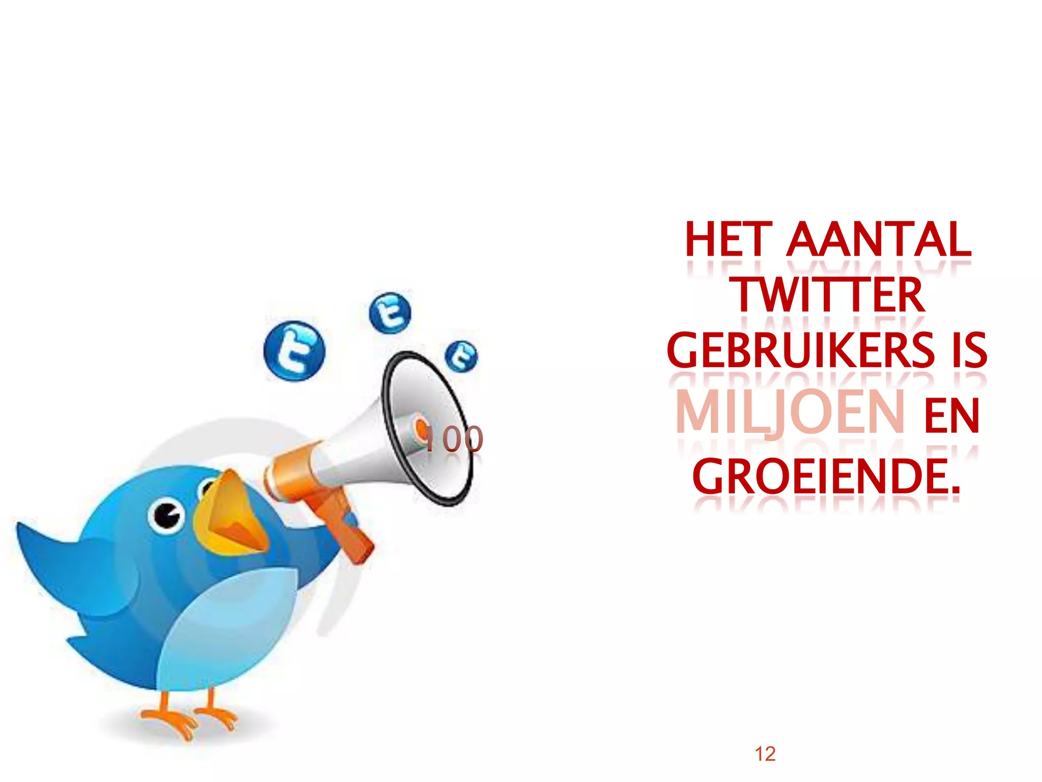 12Het aantal twitter gebruikers is miljoen en groeiende. 100