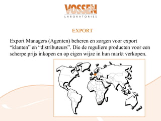 EXPORT
Export Managers (Agenten) beheren en zorgen voor export
“klanten” en “distributeurs”. Die de reguliere producten voor een
scherpe prijs inkopen en op eigen wijze in hun markt verkopen.
 