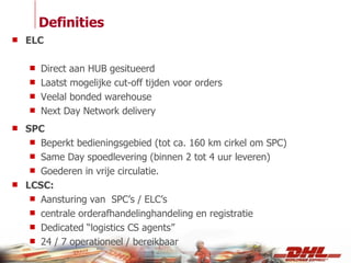 Definities ELC Direct aan HUB gesitueerd Laatst mogelijke cut-off tijden voor orders Veelal bonded warehouse Next Day Network delivery SPC Beperkt bedieningsgebied (tot ca. 160 km cirkel om SPC) Same Day spoedlevering (binnen 2 tot 4 uur leveren)  Goederen in vrije circulatie. LCSC: Aansturing van  SPC’s / ELC’s  centrale orderafhandelinghandeling en registratie Dedicated “logistics CS agents” 24 / 7 operationeel / bereikbaar 
