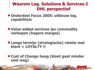 Waarom Log. Solutions & Services-I  DHL perspectief Onderdeel Focus 2005: uitbouw log. capabiliteis Value added services ipv commodity verkopen (hogere marges) Lange termijn (strategische) relatie met klant = LOYALTY !!  Cost of Change hoog (klant gaat minder snel weg) 