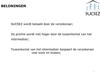 BELONINGEN SUCSEZ wordt betaald door de verzekeraar; De premie wordt niet hoger door de tussenkomst van het  intermediair; Tussenkomst van het intermediair bespaart de verzekeraar  veel werk en kosten; 