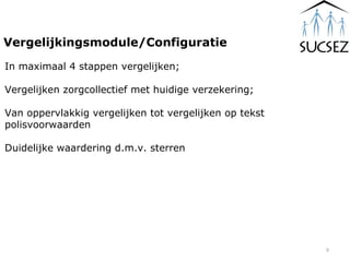Vergelijkingsmodule/Configuratie In maximaal 4 stappen vergelijken; Vergelijken zorgcollectief met huidige verzekering;  Van oppervlakkig vergelijken tot vergelijken op tekst  polisvoorwaarden Duidelijke waardering d.m.v. sterren   