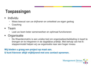 Toepassingen Individu Wees bewust van uw drijfveren en ontwikkel uw eigen gedrag Coaching Team Laat uw team beter samenwerken en optimaal functioneren Organisatie De Waardenmatrix is een unieke tool om organisatieontwikkeling in kaart te brengen en te integreren in de dagelijkse praktijk. Met behulp van het 6-stappenmodel helpen wij uw organisatie naar een hoger niveau Wij bieden u graag een project op maat aan.  U kunt hierover altijd vrijblijvend met ons contact opnemen. 