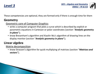 SEFI – Algebra and Geometry
OMSU – PE & ICSLevel 3
These competencies are optional, they are formed only if there is enough time for them
Geometry
Geometric core of Computer Graphics
• write a computer program that plots a curve which is described by explicit or
parametric equations in Cartesian or polar coordinates (section “Analytic geometry
in plane”);
• know Bresenham's algorithm and Xiaolin Wu's algorithm of drawing lines on the
display monitor (section “Analytic geometry in plane”);
Linear algebra
Matrix decomposition
• know Strassen's algorithm for quick multiplying of matrices (section “Matrices and
vectors”).
 