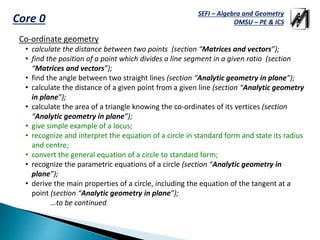 SEFI – Algebra and Geometry
OMSU – PE & ICSCore 0
Co-ordinate geometry
• calculate the distance between two points (section “Matrices and vectors”);
• find the position of a point which divides a line segment in a given ratio (section
“Matrices and vectors”);
• find the angle between two straight lines (section “Analytic geometry in plane”);
• calculate the distance of a given point from a given line (section “Analytic geometry
in plane”);
• calculate the area of a triangle knowing the co-ordinates of its vertices (section
“Analytic geometry in plane”);
• give simple example of a locus;
• recognize and interpret the equation of a circle in standard form and state its radius
and centre;
• convert the general equation of a circle to standard form;
• recognize the parametric equations of a circle (section “Analytic geometry in
plane”);
• derive the main properties of a circle, including the equation of the tangent at a
point (section “Analytic geometry in plane”);
…to be continued
 
