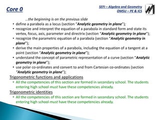SEFI – Algebra and Geometry
OMSU – PE & ICSCore 0
…the beginning is on the previous slide
• define a parabola as a locus (section “Analytic geometry in plane”);
• recognize and interpret the equation of a parabola in standard form and state its
vertex, focus, axis, parameter and directrix (section “Analytic geometry in plane”);
• recognize the parametric equation of a parabola (section “Analytic geometry in
plane”);
• derive the main properties of a parabola, including the equation of a tangent at a
point (section “Analytic geometry in plane”);
• understand the concept of parametric representation of a curve (section “Analytic
geometry in plane”);
• use polar co-ordinates and convert to and from Cartesian co-ordinates (section
“Analytic geometry in plane”);
Trigonometric functions and applications
• All the competencies of this section are formed in secondary school. The students
entering high school must have these competencies already.
Trigonometric identities
• All the competencies of this section are formed in secondary school. The students
entering high school must have these competencies already.
 
