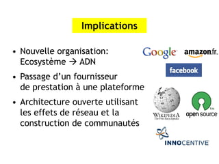 Implications

• Nouvelle organisation:
  Ecosystème  ADN
• Passage d’un fournisseur
  de prestation à une plateforme
• Architecture ouverte utilisant
  les effets de réseau et la
  construction de communautés
 