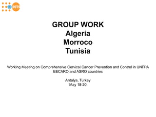 GROUP WORK
                           Algeria
                           Morroco
                           Tunisia

Working Meeting on Comprehensive Cervical Cancer Prevention and Control in UNFPA
                         EECARO and ASRO countries

                                Antalya, Turkey
                                  May 18-20
 