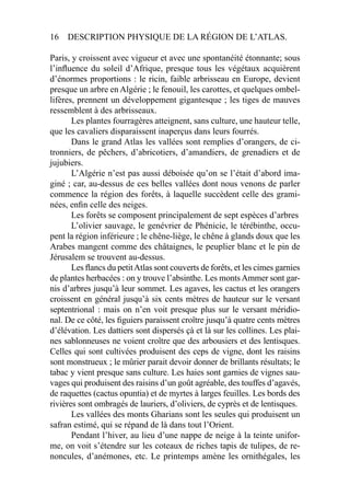 16 DESCRIPTION PHYSIQUE DE LA RÉGION DE L’ATLAS.
Paris, y croissent avec vigueur et avec une spontanéité étonnante; sous
l’inﬂuence du soleil d’Afrique, presque tous les végétaux acquièrent
d’énormes proportions : le ricin, faible arbrisseau en Europe, devient
presque un arbre en Algérie ; le fenouil, les carottes, et quelques ombel-
lifères, prennent un développement gigantesque ; les tiges de mauves
ressemblent à des arbrisseaux.
Les plantes fourragères atteignent, sans culture, une hauteur telle,
que les cavaliers disparaissent inaperçus dans leurs fourrés.
Dans le grand Atlas les vallées sont remplies d’orangers, de ci-
tronniers, de pêchers, d’abricotiers, d’amandiers, de grenadiers et de
jujubiers.
L’Algérie n’est pas aussi déboisée qu’on se l’était d’abord ima-
giné ; car, au-dessus de ces belles vallées dont nous venons de parler
commence la région des forêts, à laquelle succèdent celle des grami-
nées, enﬁn celle des neiges.
Les forêts se composent principalement de sept espèces d’arbres
L’olivier sauvage, le genévrier de Phénicie, le térébinthe, occu-
pent la région inférieure ; le chêne-liège, le chêne à glands doux que les
Arabes mangent comme des châtaignes, le peuplier blanc et le pin de
Jérusalem se trouvent au-dessus.
Les ﬂancs du petitAtlas sont couverts de forêts, et les cimes garnies
de plantes herbacées : on y trouve l’absinthe. Les montsAmmer sont gar-
nis d’arbres jusqu’à leur sommet. Les agaves, les cactus et les orangers
croissent en général jusqu’à six cents mètres de hauteur sur le versant
septentrional : mais on n’en voit presque plus sur le versant méridio-
nal. De ce côté, les ﬁguiers paraissent croître jusqu’à quatre cents mètres
d’élévation. Les dattiers sont dispersés çà et là sur les collines. Les plai-
nes sablonneuses ne voient croître que des arbousiers et des lentisques.
Celles qui sont cultivées produisent des ceps de vigne, dont les raisins
sont monstrueux ; le mûrier parait devoir donner de brillants résultats; le
tabac y vient presque sans culture. Les haies sont garnies de vignes sau-
vages qui produisent des raisins d’un goût agréable, des touffes d’agavés,
de raquettes (cactus opuntia) et de myrtes à larges feuilles. Les bords des
rivières sont ombragés de lauriers, d’oliviers, de cyprès et de lentisques.
Les vallées des monts Gharians sont les seules qui produisent un
safran estimé, qui se répand de là dans tout l’Orient.
Pendant l’hiver, au lieu d’une nappe de neige à la teinte unifor-
me, on voit s’étendre sur les coteaux de riches tapis de tulipes, de re-
noncules, d’anémones, etc. Le printemps amène les ornithégales, les
 