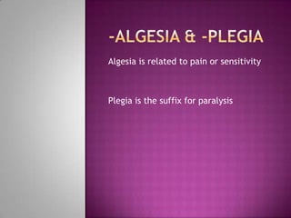 Algesia is related to pain or sensitivity



Plegia is the suffix for paralysis
 