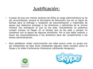 Justificación:
• A pesar de que son menos Jardines de Niños la carga administrativa se ha
ido acrecentando, porque la Secretaría de Educación nos da un lapso de
tiempo para la entrega y recepción de documentación y materiales de
apoyo que debemos entregar a los directivos y solicitarles de la misma
manera nos entreguen lo que se les pide. Actualmente no podemos
cumplir porque no llegan en el tiempo que se les pide y porque no
contamos con el apoyo de algunas directoras. Por lo que debo mejorar y
hacer las recomendaciones a los directivos para dar cumplimiento a las
tareas administrativas.
• Para establecer mejor comunicación con ellas quiero crear un grupo con
las integrantes de esta Zona empleando algunas redes sociales como el
Skype y la Video Conferencia Interactiva (utilizando Hangouts).
 