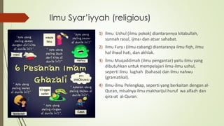 Ilmu Syar’iyyah (religious)
1) Ilmu Ushul (ilmu pokok) diantarannya kitabullah,
sunnah rasul, ijma› dan atsar sahabat.
2) Ilmu Furu› (ilmu cabang) diantaranya ilmu fiqh, ilmu
hal ihwal hati, dan akhlak.
3) Ilmu Muqaddimah (ilmu pengantar) yaitu ilmu yang
dibutuhkan untuk mempelajari ilmu-ilmu ushul,
seperti ilmu lughah (bahasa) dan ilmu nahwu
(gramatikal).
4) Ilmu-ilmu Pelengkap, seperti yang berkaitan dengan al-
Quran, misalnya ilmu makharijul huruf wa alfazh dan
qira›at al-Quran.
 