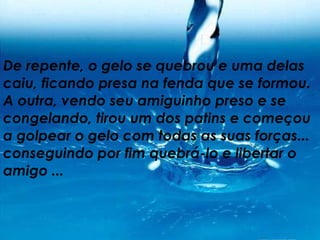 De repente, o gelo se quebrou e uma delas caiu, ficando presa na fenda que se formou. A outra, vendo seu amiguinho preso e se congelando, tirou um dos patins e começou a golpear o gelo com todas as suas forças... conseguindo por fim quebrá-lo e libertar o amigo ... 
