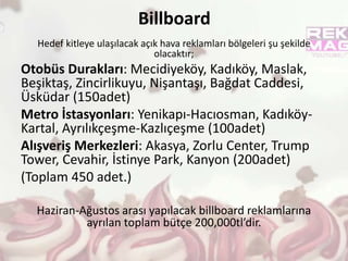 Radyo Planı
Çalışan genç ve orta yaş hedef kitle ile toplu taşıma araçlarında,
yolda geçen sürede dinlenilen radyo kanalları ile iletişime
geçilecektir. Ayrıca çalışmayan evde vakit geçiren hedef kitleye
de ulaşılmış olunulacaktır.
Yerli yabancı radyo istasyonları ile hedef kiteleye ulaşılacaktır.
Radyo için ayrılan toplam bütçe 400.000tl’dir.
 