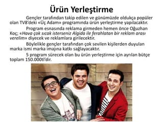 Dergi Planı
ANNE - ÇOCUK SAĞLIĞI DERGİLERİ
BEBEĞİM VE BİZ 15.509
ANNE BEBEK 2.658
AİLEM VE BEN 6.299
YEMEK VE SOFRA KÜLTÜRÜ DERGİLERİ
SOFRA 21.686
MUTFAK REHBERİ 4.590
AFİYETLE 3.003
LEZZET 67.094
ÇOCUK DERGİLERİ
NATIONAL KIDS 27.613
BİLİM ÇOCUK 22.326
MİLLİYET KARDEŞ 15.876
DISNEY PRENSES 10.268
Ailelere, gençlere ve
çocuklara aylık olan anne-
çocuk dergileri, yemek
dergileri ve çocuk dergileri ile
ulaşılacaktır.
En yüksek satışları olan
aylık dergilere yaz ayları
boyunca Haziran-Ağustos arası
reklamlar verilecek.
Sayfa sayısı: 1
Toplam adet: 11
Dergiler için ayrılan
toplam bütçe 350.000tl’dir.
 