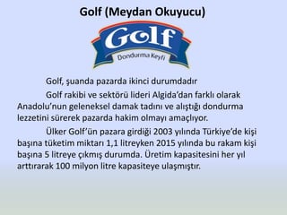 Golf (Meydan Okuyucu)
Golf, şuanda pazarda ikinci durumdadır
Golf rakibi ve sektörü lideri Algida’dan farklı olarak
Anadolu’nun geleneksel damak tadını ve alıştığı dondurma
lezzetini sürerek pazarda hakim olmayı amaçlıyor.
Ülker Golf’ün pazara girdiği 2003 yılında Türkiye’de kişi
başına tüketim miktarı 1,1 litreyken 2015 yılında bu rakam kişi
başına 5 litreye çıkmış durumda. Üretim kapasitesini her yıl
arttırarak 100 milyon litre kapasiteye ulaşmıştır.
 