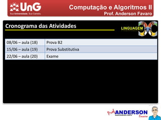 Computação e Algoritmos IIProf. Anderson FavaroPlano de EnsinoLinguagemMETODOLOGIAExposição seguida de exercícios e trabalhos práticos, executados dentro e fora da classe.5,05,05,04,03,0
