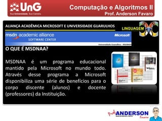 Computação e Algoritmos IIProf. Anderson FavaroPlano de EnsinoCONTEÚDO PROGRAMÁTICO Retomada dos principais conceitos vistos na Computação e Algoritmos I