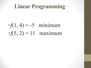 Linear Programming


•f(1, 4) = -5 minimum
•f(5, 2) = 11 maximum
 