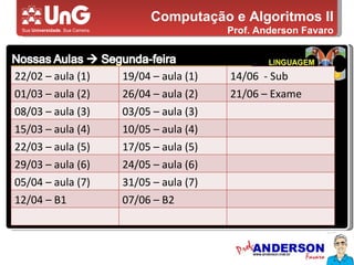Computação e Algoritmos II Prof. Anderson Favaro 22/02 – aula (1) 19/04 – aula (1) 14/06  - Sub 01/03 – aula (2) 26/04 – aula (2) 21/06 – Exame 08/03 – aula (3) 03/05 – aula (3) 15/03 – aula (4) 10/05 – aula (4) 22/03 – aula (5) 17/05 – aula (5) 29/03 – aula (6) 24/05 – aula (6) 05/04 – aula (7) 31/05 – aula (7) 12/04 – B1 07/06 – B2 