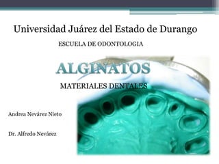 Universidad Juárez del Estado de Durango ESCUELA DE ODONTOLOGIA ALGINATOS MATERIALES DENTALES Andrea Nevárez Nieto Dr. Alfredo Nevárez  