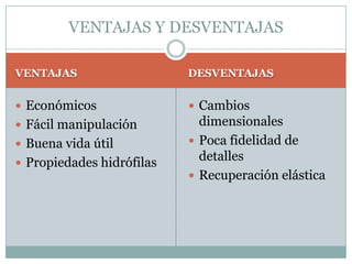 VENTAJAS Y DESVENTAJAS

VENTAJAS                   DESVENTAJAS


 Económicos                Cambios
 Fácil manipulación         dimensionales
 Buena vida útil           Poca fidelidad de
 Propiedades hidrófilas
                             detalles
                            Recuperación elástica
 