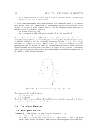 102 CHAPITRE 7. STRUCTURES ARBORESCENTES
– soit un couple constitu´e d’un ´el´ement de D (la racine) et d’une suite d’arbres (ses sous-arbres
imm´ediats, ou par abus de langage ses ﬁls ).
La plupart des algorithmes sur les arbres se rappellent r´ecursivement sur les ﬁls, le cas terminal
´etant celui de l’arbre vide. La terminaison des algorithmes est assur´ee par le fait que les rappels
r´ecursifs ont lieu sur des arbres de taille moindre. Ainsi, les relations suivantes permettent de
calculer r´ecursivement la taille d’un arbre a :
– si a est vide, sa taille est nulle
– si a n’est pas vide sa taille est la somme des tailles de ses ﬁls, augment´ee de 1.
Des structures exprimant des hi´erarchies L’aspect bi-dimensionnel des arbres permet de
repr´esenter des hi´erarchies qui ne peuvent ˆetre prises en compte par des structures `a une dimension.
Un exemple classique est celui des expressions arithm´etiques, comme (3y + x)(4 + (2 − 3x)/y)
repr´esent´ee par l’arbre de la ﬁgure 7.2. On remarquera que l’emploi de parenth`eses, n´ecessaire
pour rendre compte des priorit´es des op´erations dans l’expression ´ecrite selon l’usage comme une
suite de symboles, est inutile dans l’´ecriture sous forme d’arbre. Les priorit´es sont exprim´ees par
la structure de l’arbre : les deux op´erandes sont d´etermin´es sans ambigu¨ıt´e respectivement par les
ﬁls gauches et les ﬁls droits des op´erateurs.
3 y
× x
+
4
2
3 x
×
− y
/
+
×
Figure 7.2 – Structure de l’expression (3y + x)(4 + (2 − 3x)/y)
On remarque que les nœuds de cet arbre :
– soit n’ont pas de ﬁls,
– soit en ont deux.
On dit que l’arbre est un arbre binaire. Il s’agit l`a d’un cas particulier important de structures
arborescentes, auquel est consacr´ee la section qui suit.
7.2 Les arbres binaires
7.2.1 Description abstraite
Deﬁnition 1 (Arbre binaire) Un arbre binaire sur un ensemble D est :
– soit un ´el´ement particulier appel´e arbre vide
– soit un triplet (r, sag, sad) o`u r est un ´el´ement de D appel´e racine de l’arbre et sag et sad
sont des arbres binaires sur D appel´es respectivement sous-arbre gauche et sous-arbre droit.
 