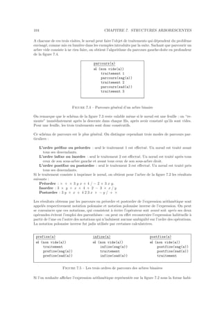 104 CHAPITRE 7. STRUCTURES ARBORESCENTES
A chacune de ces trois visites, le nœud peut faire l’objet de traitements qui d´ependent du probl`eme
envisag´e, comme mis en lumi`ere dans les exemples introduits par la suite. Sachant que parcourir un
arbre vide consiste `a ne rien faire, on obtient l’algorithme du parcours gauche-doite en profondeur
de la ﬁgure 7.4.
parcours(a)
si (non vide(a))
traitement 1
parcours(sag(a))
traitement 2
parcours(sad(a))
traitement 3
Figure 7.4 – Parcours g´en´eral d’un arbre binaire
On remarque que le sch´ema de la ﬁgure 7.3 reste valable mˆeme si le nœud est une feuille : on “re-
monte” imm´ediatement apr`es la descente dans chaque ﬁls, apr`es avoir constat´e qu’ils sont vides.
Pour une feuille, les trois traitements sont donc cons´ecutifs.
Ce sch´ema de parcours est le plus g´en´eral. On distingue cependant trois modes de parcours par-
ticuliers :
L’ordre pr´eﬁxe ou pr´eordre : seul le traitement 1 est eﬀectu´e. Un nœud est trait´e avant
tous ses descendants.
L’ordre inﬁxe ou inordre : seul le traitement 2 est eﬀectu´e. Un nœud est trait´e apr`es tous
ceux de son sous-arbre gauche et avant tous ceux de son sous-arbre droit.
L’ordre postﬁxe ou postordre : seul le traitement 3 est eﬀectu´e. Un nœud est trait´e pr`es
tous ses descendants.
Si le traitement consiste `a imprimer le nœud, on obtient pour l’arbre de la ﬁgure 7.2 les r´esultats
suivants :
Pr´eordre : × + × 3 y x + 4 / − 2 × 3 x y.
Inordre : 3 × y + x × 4 + 2 − 3 × x / y
Postordre : 3 y × x + 4 2 3 x × − y / + ×
Les r´esultats obtenus par les parcours en pr´eordre et postordre de l’expression arithm´etique sont
appel´es respectivement notation polonaise et notation polonaise inverse de l’expression. On peut
se convaincre que ces notations, qui consistent `a ´ecrire l’op´erateur soit avant soit apr`es ses deux
op´erandes ´evitent l’emploi des parenth`eses : on peut en eﬀet reconstruire l’expression habituelle `a
partir de l’une ou l’autre des notations qui n’induisent aucune ambigu¨ıt´e sur l’ordre des op´erations.
La notation polonaise inverse fut jadis utilis´ee par certaines calculatrices.
prefixe(a)
si (non vide(a))
traitement
prefixe(sag(a))
prefixe(sad(a))
infixe(a)
si (non vide(a))
infixe(sag(a))
traitement
infixe(sad(a))
postfixe(a)
si (non vide(a))
postfixe(sag(a))
postfixe(sad(a))
traitement
Figure 7.5 – Les trois ordres de parcours des arbres binaires
Si l’on souhaite aﬃcher l’expression arithm´etique repr´esent´ee sur la ﬁgure 7.2 sous la forme habi-
 