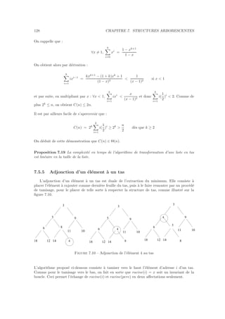 128 CHAPITRE 7. STRUCTURES ARBORESCENTES
On rappelle que :
∀x = 1,
k
i=0
xi
=
1 − xk+1
1 − x
On obtient alors par d´erivation :
k
i=1
ixi−1
=
kxk+1
− (1 + k)xk
+ 1
(1 − x)2

1
(x − 1)2
si x  1
et par suite, en multipliant par x : ∀x  1,
k
i=1
ixi

x
(x − 1)2
et donc
k
i=1
i(
1
2
)i
 2. Comme de
plus 2k
≤ n, on obtient C(n) ≤ 2n.
Il est par ailleurs facile de s’apercevoir que :
C(n) = 2k
k
i=1
i(
1
2
)i
≥ 2k

n
2
d`es que k ≥ 2
On d´eduit de cette d´emonstration que C(n) ∈ Θ(n).
Proposition 7.19 La complexit´e en temps de l’algorithme de transformation d’une liste en tas
est lin´eaire en la taille de la liste.
7.5.5 Adjonction d’un ´el´ement `a un tas
L’adjonction d’un ´el´ement `a un tas est duale de l’extraction du minimum. Elle consiste `a
placer l’´el´ement `a rajouter comme derni`ere feuille du tas, puis `a le faire remonter par un proc´ed´e
de tamisage, pour le placer de telle sorte `a respecter la structure de tas, comme illustr´e sur la
ﬁgure 7.10.
9
6
18 12 14
11 10
8
5
3
4
9
6
18 12 14
11 10
5
3
4
8
9
6
18 12 14
11 10
3
4
8
5
Figure 7.10 – Adjonction de l’´el´ement 4 au tas
L’algorithme propos´e ci-dessous consiste `a tamiser vers le haut l’´el´ement d’adresse i d’un tas.
Comme pour le tamisage vers le bas, on fait en sorte que racine(i) = x soit un invariant de la
boucle. Ceci permet l’´echange de racine(i) et racine(pere) en deux aﬀectations seulement.
 