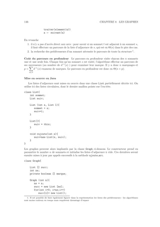 146 CHAPITRE 8. LES GRAPHES
traiter(element(a))
a ← suivant(a)
En revanche
1. il n’y a pas d’acc`es direct aux arcs : pour savoir si un sommet t est adjacent `a un sommet s,
il faut eﬀectuer un parcours de la liste d’adjacence de s, qui est en Θ(n) dans le pire des cas.
2. la recherche des pr´ed´ecesseurs d’un sommet n´ecessite le parcours de toute la structure 1
.
Coˆut du parcours en profondeur Le parcours en profondeur visite chacun des n sommets
une et une seule fois. Chaque fois qu’un sommet s est visit´e, l’algorithme eﬀectue un parcours de
ses successeurs (au nombre de d˚+
(s) ) pour examiner leur marque. Il y a donc n marquages et
p =
s∈S
d˚+
(s) examens de marques. Le parcours en profondeur est donc en Θ(n + p).
Mise en oeuvre en Java
Les listes d’adjacence sont mises en oeuvre dans une classe List partiellement d´ecrite ici. On
utilise ici des listes circulaires, dont le dernier maillon pointe sur l’en-tˆete.
class List{
int sommet;
List suiv;
List (int s, List l){
sommet = s;
suiv=l;
}
List(){
suiv = this;
}
void rajoute(int s){
suiv=new List(s, suiv);
}
}
Les graphes peuvent alors implant´es par la classe Graph ci-dessous. Le constructeur prend en
param`etre le nombre n de sommets et initialise les listes d’adjacence `a vide. Ces derni`eres seront
ensuite mises `a jour par appels successifs `a la m´ethode ajoute arc.
class Graph{
List [] succ;
int ns;
private boolean [] marque;
Graph (int n){
ns = n;
succ = new List [ns];
for(int i=0; ins;i++)
succ[i]= new List();
1. Il est possible de faire ´egalement ﬁgurer dans la repr´esentation les listes des pr´ed´ecesseurs : les algorithmes
sont moins coˆuteux en temps mais requi`erent davantage d’espace
 
