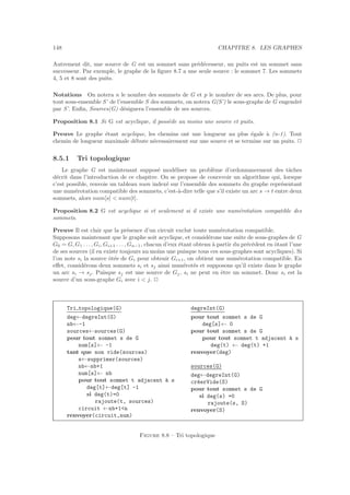 148 CHAPITRE 8. LES GRAPHES
Autrement dit, une source de G est un sommet sans pr´ed´ecesseur, un puits est un sommet sans
successeur. Par exemple, le graphe de la ﬁgure 8.7 a une seule source : le sommet 7. Les sommets
4, 5 et 8 sont des puits.
Notations On notera n le nombre des sommets de G et p le nombre de ses arcs. De plus, pour
tout sous-ensemble S’ de l’ensemble S des sommets, on notera G(S’) le sous-graphe de G engendr´e
par S’. Enﬁn, Sources(G) d´esignera l’ensemble de ses sources.
Proposition 8.1 Si G est acyclique, il poss`ede au moins une source et puits.
Preuve Le graphe ´etant acyclique, les chemins ont une longueur au plus ´egale `a (n-1). Tout
chemin de longueur maximale d´ebute n´ecessairement sur une source et se termine sur un puits. 2
8.5.1 Tri topologique
Le graphe G est maintenant suppos´e mod´eliser un probl`eme d’ordonnancement des tˆaches
d´ecrit dans l’introduction de ce chapitre. On se propose de concevoir un algorithme qui, lorsque
c’est possible, renvoie un tableau num index´e sur l’ensemble des sommets du graphe repr´esentant
une num´erotation compatible des sommets, c’est-`a-dire telle que s’il existe un arc s → t entre deux
sommets, alors num[s]  num[t].
Proposition 8.2 G est acyclique si et seulement si il existe une num´erotation compatible des
sommets.
Preuve Il est clair que la pr´esence d’un circuit exclut toute num´erotation compatible.
Supposons maintenant que le graphe soit acyclique, et consid´erons une suite de sous-graphes de G
G0 = G, G1 . . . , Gi, Gi+1 . . . , Gn−1, chacun d’eux ´etant obtenu `a partir du pr´ec´edent en ˆotant l’une
de ses sources (il en existe toujours au moins une puisque tous ces sous-graphes sont acycliques). Si
l’on note si la source ˆot´ee de Gi pour obtenir Gi+1, on obtient une num´erotation compatible. En
eﬀet, consid´erons deux sommets si et sj ainsi num´erot´es et supposons qu’il existe dans le graphe
un arc si → sj. Puisque sj est une source de Gj, si ne peut en ˆetre un sommet. Donc si est la
source d’un sous-graphe Gi avec i  j. 2
Tri topologique(G)
deg←degreInt(G)
nb←-1
sources←sources(G)
pour tout sommet s de G
num[s]← -1
tant que non vide(sources)
s←supprimer(sources)
nb←nb+1
num[s]← nb
pour tout sommet t adjacent `a s
deg[t]←deg[t] -1
si deg(t)=0
rajoute(t, sources)
circuit ←nb+1n
renvoyer(circuit,num)
degreInt(G)
pour tout sommet s de G
deg[s]← 0
pour tout sommet s de G
pour tout sommet t adjacent `a s
deg(t) ← deg(t) +1
renvoyer(deg)
sources(G)
deg←degreInt(G)
cr´eerVide(S)
pour tout sommet s de G
si deg(s) =0
rajoute(s, S)
renvoyer(S)
Figure 8.8 – Tri topologique
 